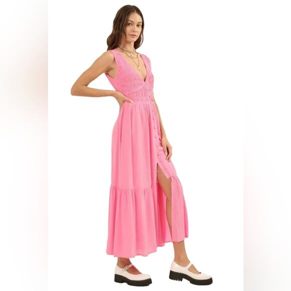 Promesa Bubble Gum Pink Sea Breeze Smocked Crepe Button-Front Maxi Dress Size M - Picture 1 of 10